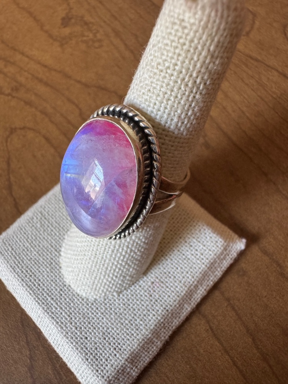 Solid Sterling Silver Pink Moonstone Oval  Rope Bezel Ring - Picture 5 of 10